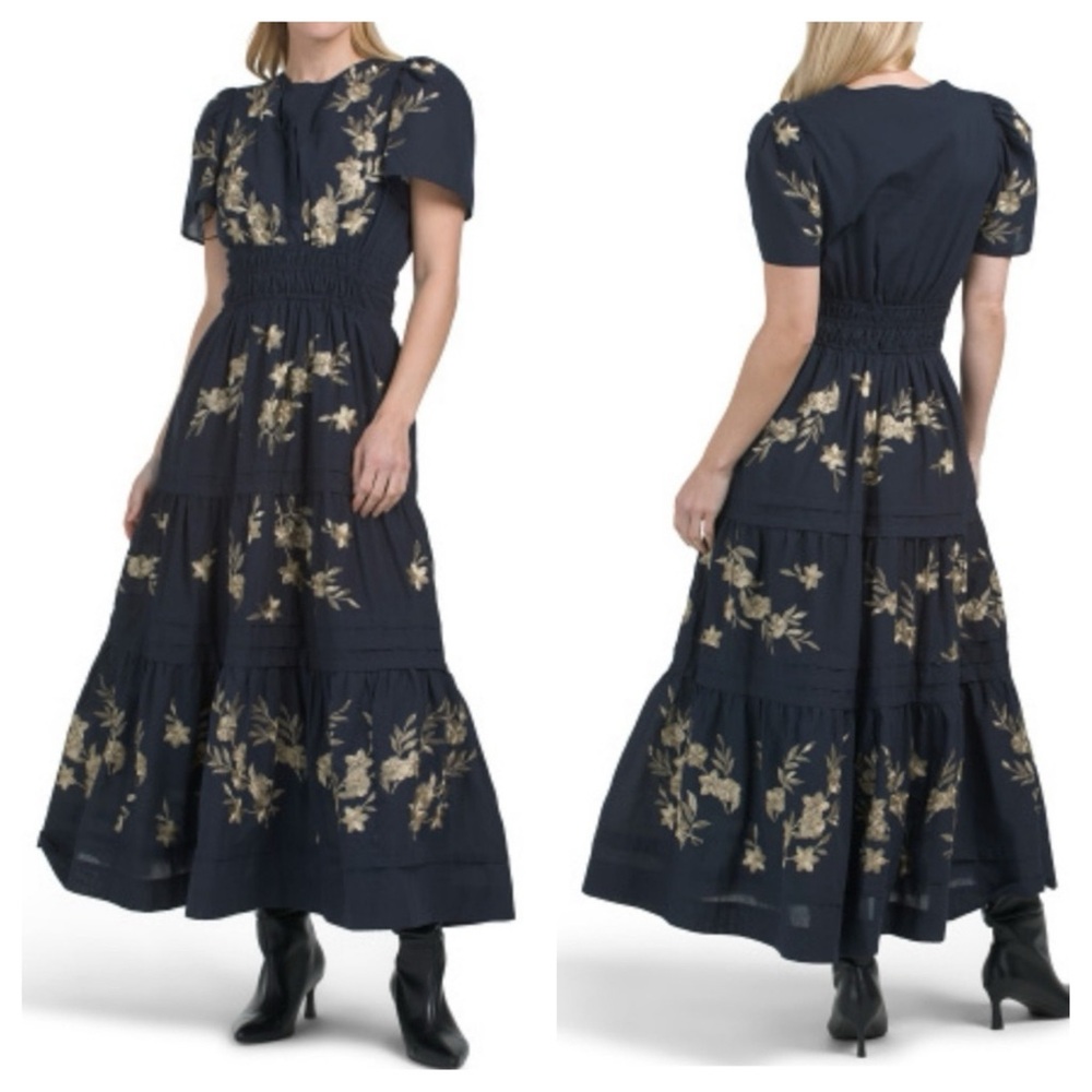 ELIE TAHARI Split Neck Smocked Waist Embroidered Tiered